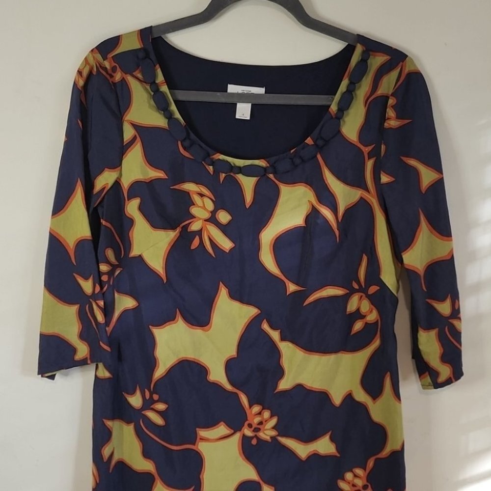 LOFT by Ann Taylor Blue Green Floral Mini Round Neck Mini Shirt Dress 4 T20 - Picture 3 of 10